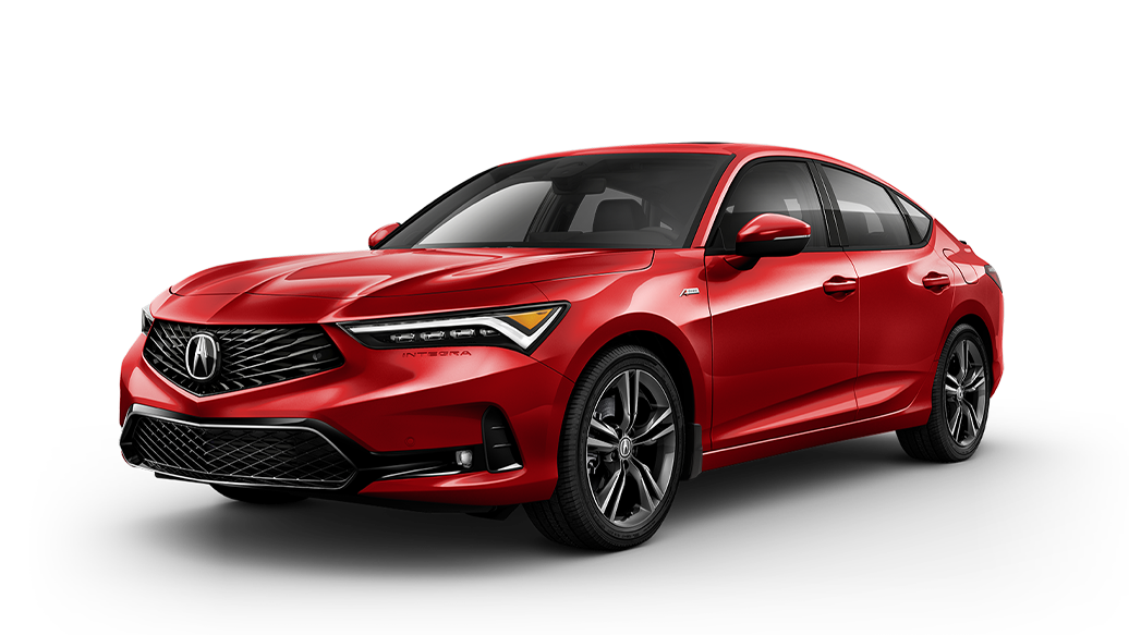 ¾ driver side front facing view of Integra A-SPEC model in Performance Red Pearl