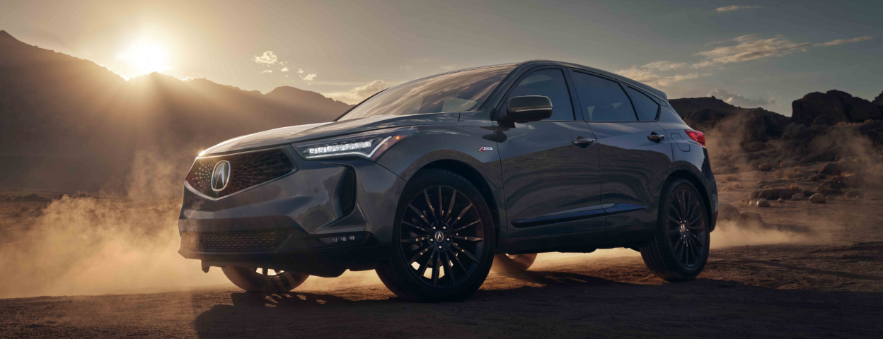 3/4 profile view of RDX in desert, with a low sun behind it.