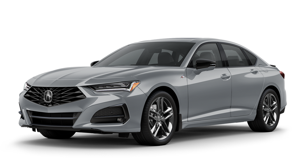 Plan de trois quarts d’une TLX grise sur fond blanc.
