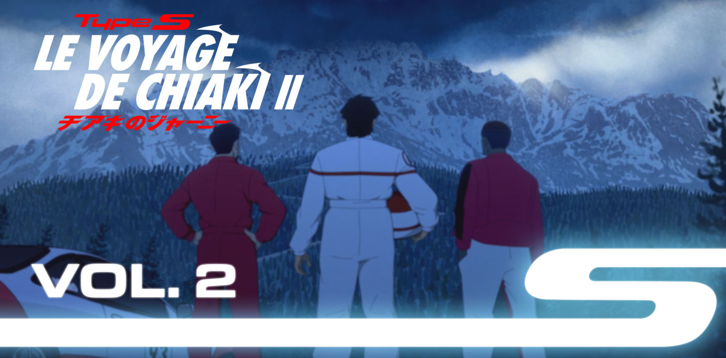 Vue arrière large, image style animé de Chiaki, oncle Noboru et un autre personnage regardant une chaîne de montagnes enneigées.